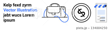 E-commerce, finance, marketing, online shopping, business tools, and retail innovation. Minimalist icon set a handbag, dollar coin and storefront. Ideal for e-commerce and finance 134884250