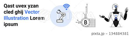 Robotics, blockchain, AI, automation, digital economy, wireless connectivity. Industrial robotic arm, blockchain symbol humanoid robot. Robotics and blockchain concepts illustrated Robotics, blockchain, AI, automation, digital economy, wireless connectivity. Industrial robotic arm, blockchain symbol humanoid robot. Robotics and blockchain concepts illustrated 134884381
