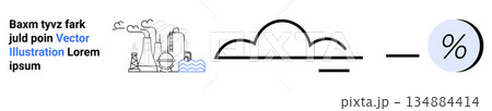 Environmental impact, pollution monitoring, industrial emissions, data analysis, climate change, sustainability. Factory releasing emissions, cloud shape and percentage symbol. Environmental impact Environmental impact, pollution monitoring, industrial emissions, data analysis, climate change, sustainability. Factory releasing emissions, cloud shape and percentage symbol. Environmental impact 134884414