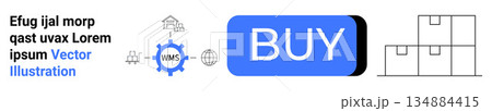 E-commerce, online shopping, warehouse logistics, order fulfillment, shipping, business workflow. Blue buy button, warehouse icons and box diagram. E-commerce and warehouse logistics E-commerce, online shopping, warehouse logistics, order fulfillment, shipping, business workflow. Blue buy button, warehouse icons and box diagram. E-commerce and warehouse logistics 134884415