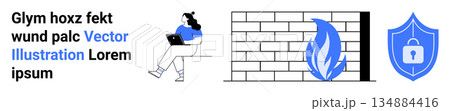 Cybersecurity, data protection, online safety, firewall system, digital security, network prevention. Woman with a laptop, firewall icon and locked shield. Cybersecurity and data protection concept Cybersecurity, data protection, online safety, firewall system, digital security, network prevention. Woman with a laptop, firewall icon and locked shield. Cybersecurity and data protection concept 134884416
