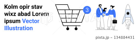 Online shopping, business cooperation, startup growth, digital commerce, teamwork, innovation. Shopping cart with 3 items, two people shaking hands and a rocket launch. Ecommerce and business 134884431