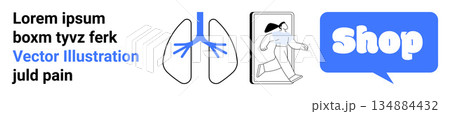 Medical education, e-commerce, virtual fitness, healthcare, anatomy, shopping. A lung diagram, woman running on screen and shop dialogue box. Medical education and e-commerce concept 134884432
