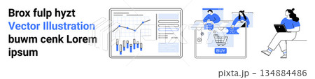 Business analysis, e-commerce, remote work, finance tracking, online collaboration, digital economy. Charts, online shopping cart and person working on a laptop. Business analysis and e-commerce Business analysis, e-commerce, remote work, finance tracking, online collaboration, digital economy. Charts, online shopping cart and person working on a laptop. Business analysis and e-commerce 134884486