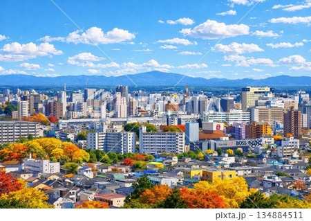 宇都宮タワーより山形新幹線とJR宇都宮駅方面の街並みを望む　紅葉 134884511