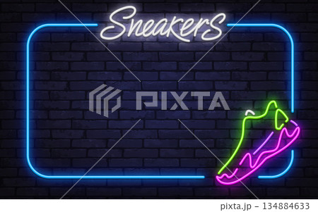 Glowing neon vector frame with running shoe illustration. Perfect for streetwear stores, product displays, and trendy retail layouts. 134884633