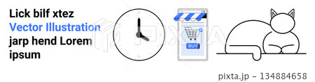 E-commerce, time management, online retail, shopping convenience, relaxation, home lifestyle. Minimalist icons of a clock, smartphone storefront and a cat. E-commerce and time management visual E-commerce, time management, online retail, shopping convenience, relaxation, home lifestyle. Minimalist icons of a clock, smartphone storefront and a cat. E-commerce and time management visual 134884658