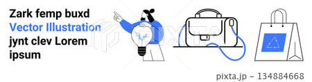Creative thinking, shopping, business ideas, e-commerce, branding, teamwork. Visual of a person holding a lit light bulb, a laptop bag and a shopping bag. Creative thinking and shopping concepts Creative thinking, shopping, business ideas, e-commerce, branding, teamwork. Visual of a person holding a lit light bulb, a laptop bag and a shopping bag. Creative thinking and shopping concepts 134884668
