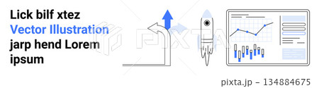 Business strategy, data analysis, growth planning, innovation, workflow optimization, decision-making. Rocket and growth chart elements. Business strategy and data analysis highlighted 134884675
