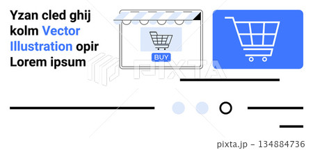 E-commerce, digital marketing, online transactions, shopping apps, virtual stores, web design. Shopping cart icon and storefront element with text. E-commerce and shopping apps concept 134884736