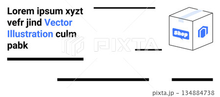 E-commerce, logistics, delivery services, online shopping, digital marketing, retail packaging. A package with a shop label and text around it. E-commerce and logistics concept E-commerce, logistics, delivery services, online shopping, digital marketing, retail packaging. A package with a shop label and text around it. E-commerce and logistics concept 134884738