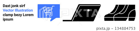 E-commerce, online shopping, technology, retail, digital marketing, clothing industry. Shopping cart in speech bubble, laptop footwear icons. E-commerce and online shopping concept E-commerce, online shopping, technology, retail, digital marketing, clothing industry. Shopping cart in speech bubble, laptop footwear icons. E-commerce and online shopping concept 134884753