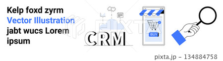 Digital marketing, online shopping, research tools, CRM systems, business analysis, customer service. Visual elements include CRM text, shopping cart and magnifying glass. Digital marketing 134884758