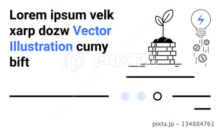 Renewable energy, ecology, innovation, sustainable growth, clean energy, green initiatives. Plant growing from stacked coins, light bulb with currency symbols. Renewable energy and ecology concept 134884761