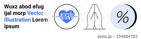 Health monitoring, spirituality, finance, wellness, meditation, data. A heart with a pulse line, praying hands and a percentage symbol. Health monitoring and spirituality concepts 134884783