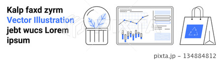 Data analysis, digital marketing, technology, innovation, online shopping, ecommerce platforms. Minimalist line art of a lightbulb, analytics chart and shopping bag. Data analysis and innovation Data analysis, digital marketing, technology, innovation, online shopping, ecommerce platforms. Minimalist line art of a lightbulb, analytics chart and shopping bag. Data analysis and innovation 134884812