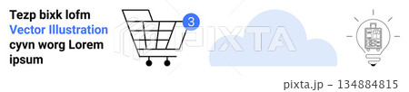 Online shopping, cloud computing, mobile apps, technology integration, digital marketing, innovation. Shopping cart with notification, a cloud and a lightbulb with a mobile app design. E-commerce Online shopping, cloud computing, mobile apps, technology integration, digital marketing, innovation. Shopping cart with notification, a cloud and a lightbulb with a mobile app design. E-commerce 134884815