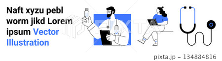 Healthcare, telemedicine, remote consultation, digital communication, medical technology, online services. Doctor holding a bottle and tablet, patient with laptop stethoscope. Healthcare 134884816