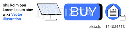 E-commerce, sustainability, renewable energy, online shopping, digital transactions, logistics. Solar panel, blue buy button warehouse icon. E-commerce and sustainability concept E-commerce, sustainability, renewable energy, online shopping, digital transactions, logistics. Solar panel, blue buy button warehouse icon. E-commerce and sustainability concept 134884818
