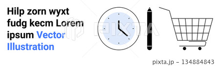 Time management, shopping, productivity, organization, e-commerce, task planning. Minimalistic of a clock, shopping cart and pen. Time management and shopping conceptual imagery Time management, shopping, productivity, organization, e-commerce, task planning. Minimalistic of a clock, shopping cart and pen. Time management and shopping conceptual imagery 134884843