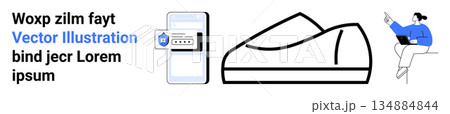 Cybersecurity, user authentication, password protection, safe browsing, digital innovation, technology interface. Mobile screen with password pad and shield, abstract shapes, person working remotely Cybersecurity, user authentication, password protection, safe browsing, digital innovation, technology interface. Mobile screen with password pad and shield, abstract shapes, person working remotely 134884844