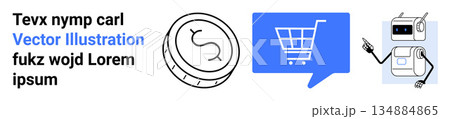 E-commerce, automation, digital shopping, online transactions, customer service, technology integration. Robot pointing to designs, including a coin and shopping cart icon. E-commerce and automation E-commerce, automation, digital shopping, online transactions, customer service, technology integration. Robot pointing to designs, including a coin and shopping cart icon. E-commerce and automation 134884865