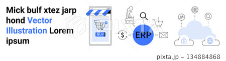 E-commerce, ERP solutions, digital transformation, cloud computing, business management, financial analysis. Digital shopping cart and ERP symbol. E-commerce and ERP solutions concept E-commerce, ERP solutions, digital transformation, cloud computing, business management, financial analysis. Digital shopping cart and ERP symbol. E-commerce and ERP solutions concept 134884868