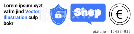 Online shopping, e-commerce, digital payments, cybersecurity, financial security, currency transactions. Lock on shield, Shop text bubble euro symbol in circle. Focus on e-commerce and cybersecurity 134884935