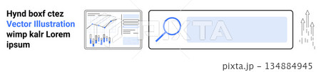 Data analysis, business growth, search optimization, market trends, research tools, performance tracking. Graphs and charts, magnifying glass upward arrows. Data analysis and business growth concept Data analysis, business growth, search optimization, market trends, research tools, performance tracking. Graphs and charts, magnifying glass upward arrows. Data analysis and business growth concept 134884945