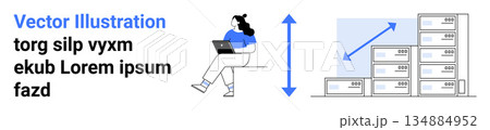 Business management, productivity, data analysis, inventory tracking, e-commerce, logistics. Woman using laptop, warehouse stacks with arrow growth symbol. Productivity and inventory tracking 134884952