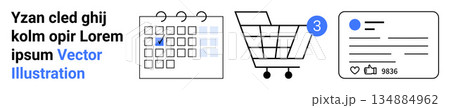 Time management, online shopping, notifications, scheduling, social networking, digital interactions. A calendar, a shopping cart with a badge and a social media interface. Time management Time management, online shopping, notifications, scheduling, social networking, digital interactions. A calendar, a shopping cart with a badge and a social media interface. Time management 134884962
