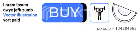 E-commerce, fitness, marketing, digital design, product promotion, health. Blue buy button, stylized weightlifting icon abstract slice outline in black and white. E-commerce and fitness 134884965