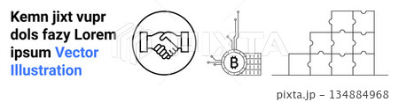 Blockchain, cryptocurrency systems, business networks, partnerships, digital transactions, currency security. Handshake icon, blockchain data and puzzle blocks. Blockchain and cryptocurrency systems 134884968