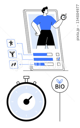 Fitness tracking, lifestyle monitoring, health management, bio data, activity logging, workout planning. A user profile with activity icons, progress bars timer and bio label. Fitness tracking 134884977