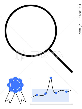 Data analysis, quality assurance, performance tracking, business insights, research, growth metrics. Magnifying glass above a certificate and graph with data points. Data analysis and quality Data analysis, quality assurance, performance tracking, business insights, research, growth metrics. Magnifying glass above a certificate and graph with data points. Data analysis and quality 134884981