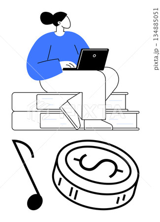 Education, e-learning, creativity, freelance work, financial growth, digital media. A woman on books with a laptop, a music note and a coin symbol. Education and e-learning concepts Education, e-learning, creativity, freelance work, financial growth, digital media. A woman on books with a laptop, a music note and a coin symbol. Education and e-learning concepts 134885051