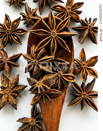 Macro Close-Up of Star Anise Aromatic Spice Texture Background Macro Close-Up of Star Anise Aromatic Spice Texture Background 134885070
