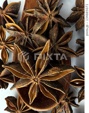 Macro Close-Up of Star Anise Aromatic Spice Texture Background Macro Close-Up of Star Anise Aromatic Spice Texture Background 134885071