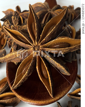 Macro Close-Up of Star Anise Aromatic Spice Texture Background Macro Close-Up of Star Anise Aromatic Spice Texture Background 134885072