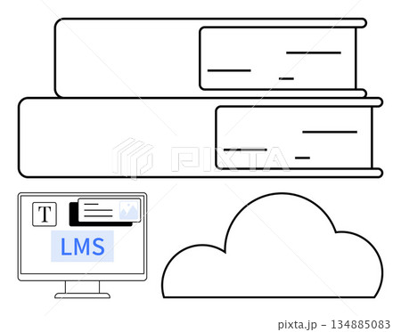 Education, e-learning, cloud storage, online courses, digital libraries, knowledge sharing. Books, a computer screen labeled LMS and a cloud icon. Education and e-learning concept 134885083