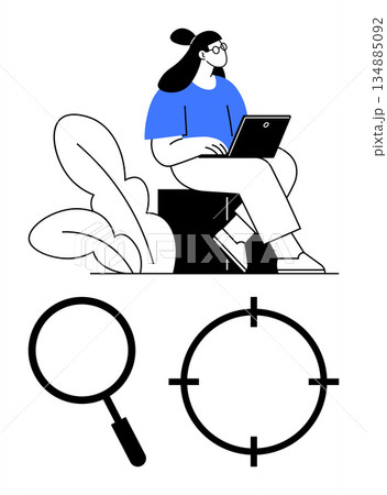 Research, data analysis, targeted marketing, online learning, business, productivity. Woman using a laptop, magnifying glass and target icon. Research and data analysis 134885092