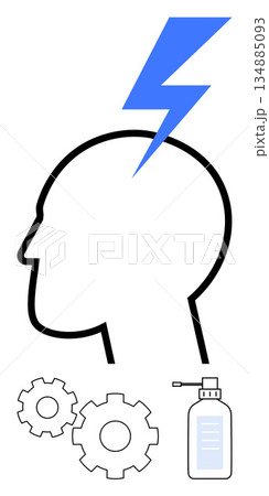 Innovation, mental health, problem-solving, hygiene, creative thinking, health-consciousness. Outline of a human head with a lightning bolt, gears and a sanitizer bottle. Innovation and mental Innovation, mental health, problem-solving, hygiene, creative thinking, health-consciousness. Outline of a human head with a lightning bolt, gears and a sanitizer bottle. Innovation and mental 134885093