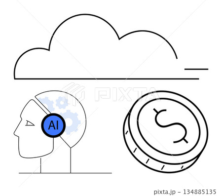 Artificial intelligence, cloud computing, financial technology, innovation, data storage, economic solutions. Human profile with AI, cloud icon and dollar coin. AI and cloud computing concept 134885135
