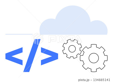 Cloud computing, software development, data management, application design, programming tools, IT services. Blue cloud with code brackets and gears. Cloud computing and software development concept Cloud computing, software development, data management, application design, programming tools, IT services. Blue cloud with code brackets and gears. Cloud computing and software development concept 134885141
