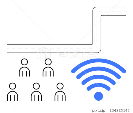 Network connectivity, digital communication, internet access, community engagement, wireless technology, information sharing. A group of people icons near a wireless symbol. Network connectivity 134885143