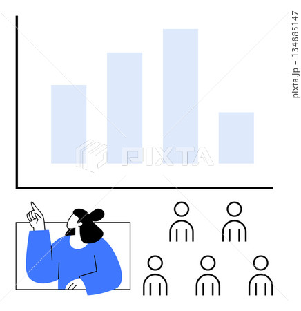 Data analysis, business growth, teamwork communication, presentation skills, education training, professional development. Instructor presenting a bar chart while an audience listens. Data analysis 134885147