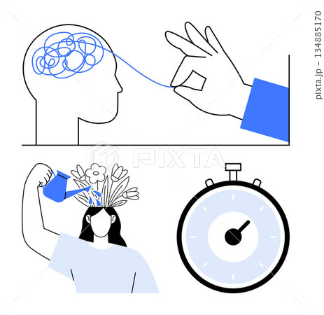 Mental wellness, self-improvement, therapy, emotional well-being, cognitive health, mindfulness practices. A hand untangles a brain, a person grows flowers from their head and a stopwatch. Mental 134885170