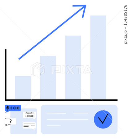 Business strategy, data analysis, growth measurement, financial success, statistics, technology tools. A bar chart with a rising arrow and digital interface elements. Business strategy and data Business strategy, data analysis, growth measurement, financial success, statistics, technology tools. A bar chart with a rising arrow and digital interface elements. Business strategy and data 134885176