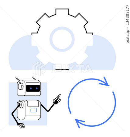 Automation, artificial intelligence, robotics, process workflow, cloud computing, technology innovation. Robot pointing at a circular flow chart with gear and cloud icons. Automation and AI concept 134885177