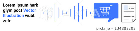 E-commerce, voice recognition, data exchange, digital marketing, online shopping, technology. Visual of a speech waveform, shopping cart icon and document. E-commerce and voice recognition 134885205